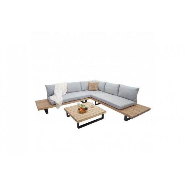 Garten-Garnitur HWC-H54, Garnitur Sitzgruppe Lounge-Set, Spun Poly Akazie Holz MVG Alu ~ hellbraun, Polster hellgrau