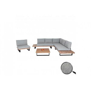 Garten-Garnitur mit Sessel HWC-H54, Lounge-Set Sofa, Spun Poly Akazie Holz MVG Aluminium ~ hellbraun, Polster hellgrau