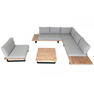 Garten-Garnitur mit Sessel HWC-H54, Lounge-Set Sofa, Spun Poly Akazie Holz MVG Aluminium ~ hellbraun, Polster hellgrau