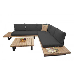 Garten-Garnitur mit Sessel Lounge-Set Sofa, Spun Poly Akazie Holz MVG Aluminium ~ hellbraun, Polster dunkelgrau