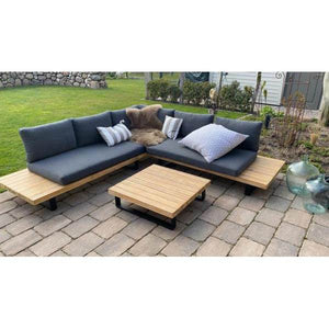 Garten-Garnitur HWC-H54, Garnitur Sitzgruppe Lounge-Set, Spun Poly Akazie Holz MVG Alu ~ hellbraun, Polster dunkelgrau