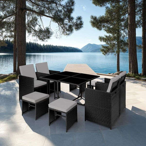 Rattan Sitzgruppe Bilbao 4+4+1 mit Schutzhülle - schwarz/grau