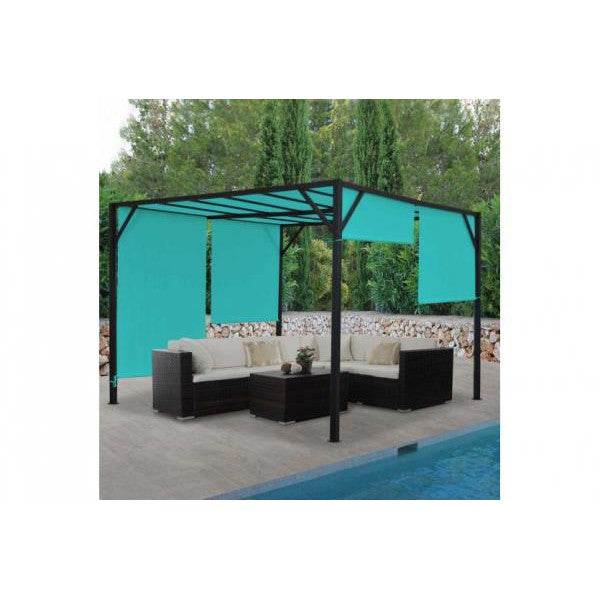 Pergola Baia, Garten Pavillon Terrassenüberdachung, stabiles 6cm-Stahl-Gestell + Schiebedach türkis-blau ~ 3x3m