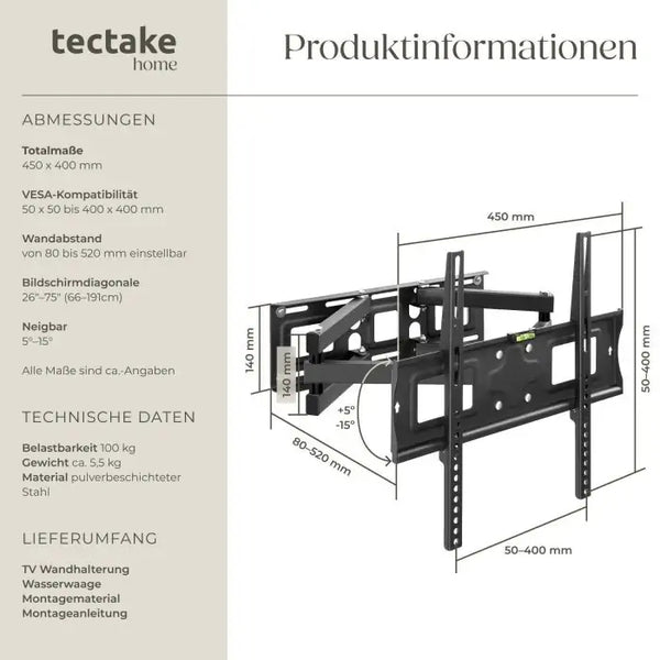 TV-Wandhalterung individuell schwenkbar neigbar 26-75 Zoll bis 100 kg schwarz