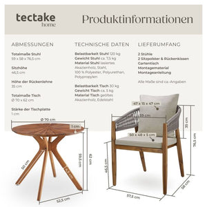 3-teiliges Gartenset Tisch und 2 Stühle Akazienholz greige