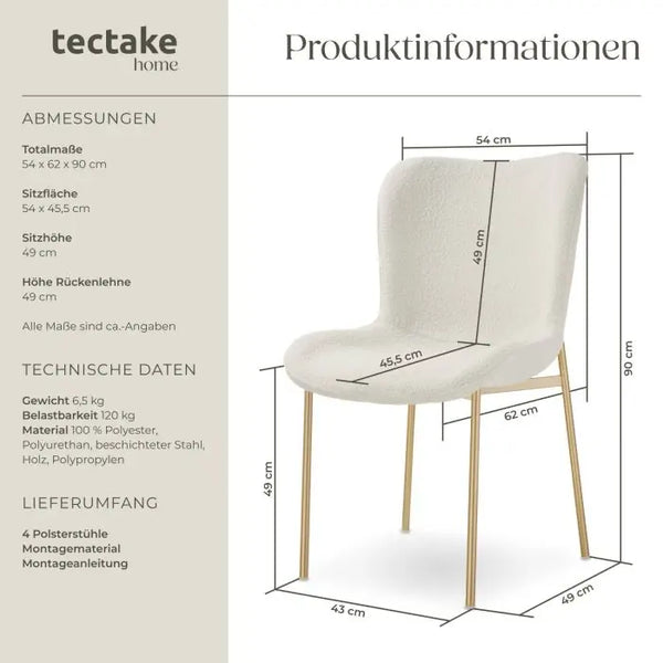 Polsterstuhl Tessa Bouclé weiss/gold 4er Set