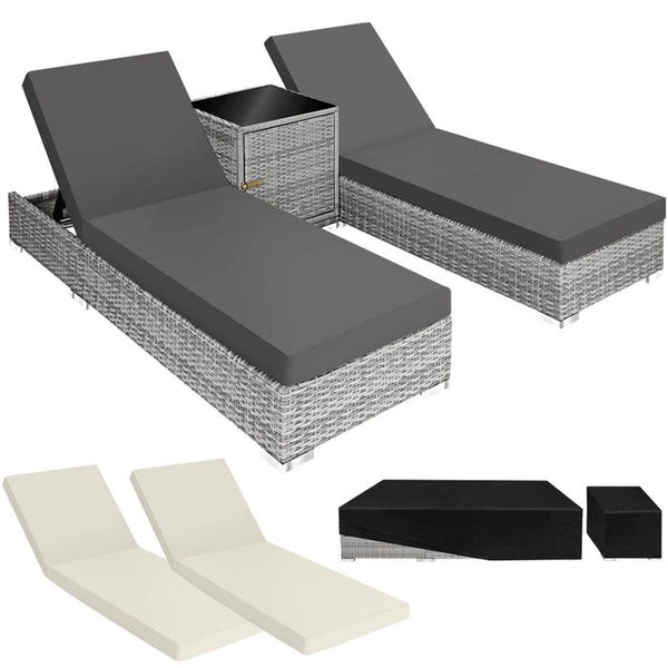 2er Set Aluminium Rattan Sonnenliegen hellgrau