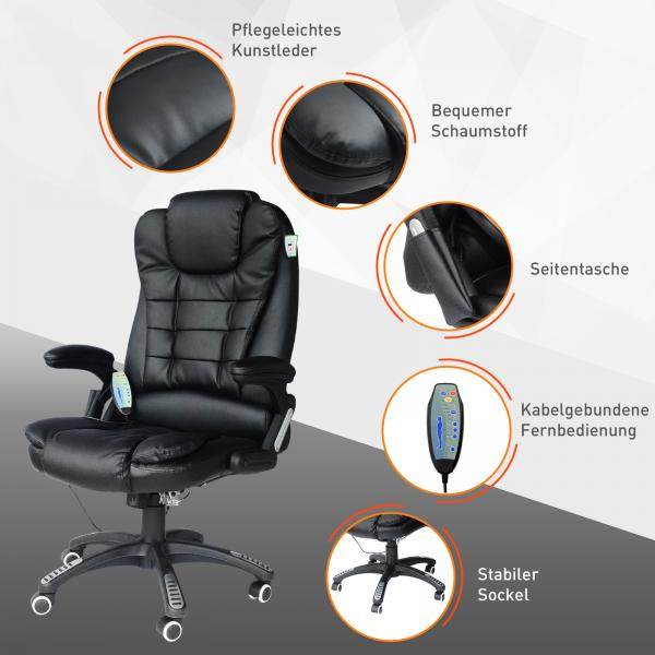Massage-Chefsessel mit Wärmefunktion drehbar schwarz