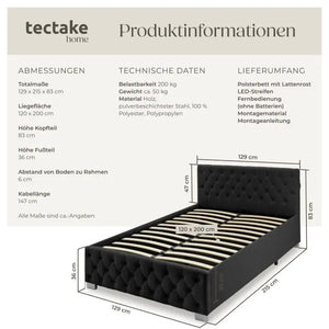 Polsterbett Sedona mit LED und Stauraum Samtoptik schwarz 120 x 200 cm