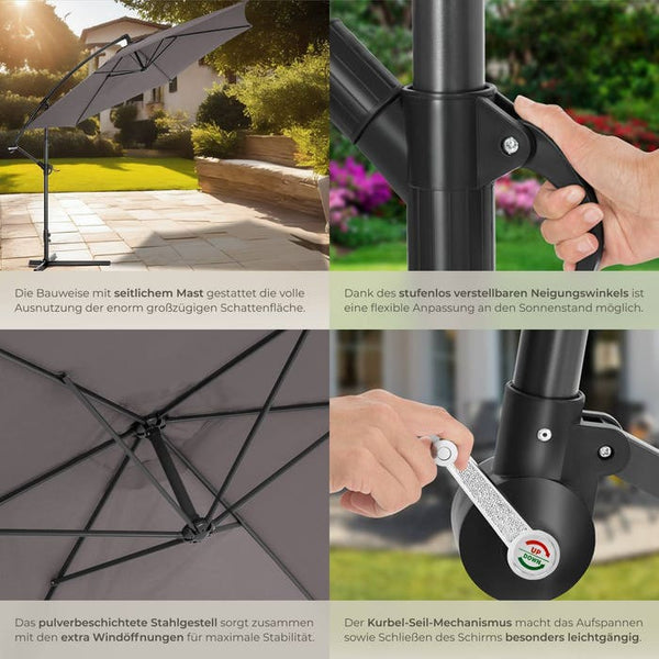 Sonnenschirm Ampelschirm Ø 350cm mit Schutzhülle grau
