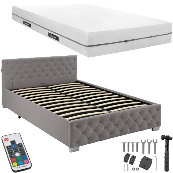 Bettset Polsterbett mit LED und Matratze Samtoptik dunkelgrau 140 x 200 cm