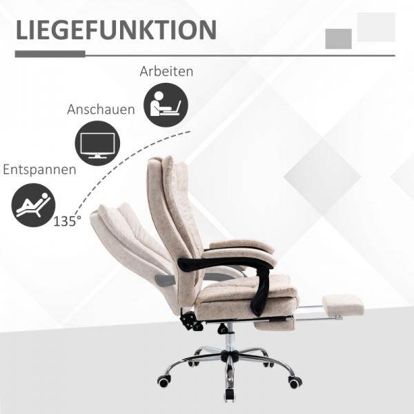 Bürostuhl Drehstuhl mit Liegefunktion Fussstütze Sitzhöhenverstellung Mikrofaser Beige+Schwarz+Silber