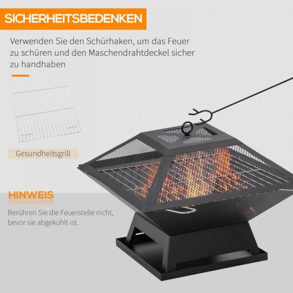 Feuerschale mit Funkenschutz Grillrost Schürhaken Feuerkorb Stahl Schwarz