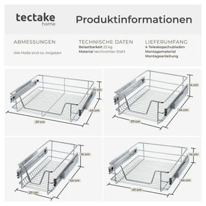 Teleskopschublade verchromt grau für 60 cm Schränke, 4er Set