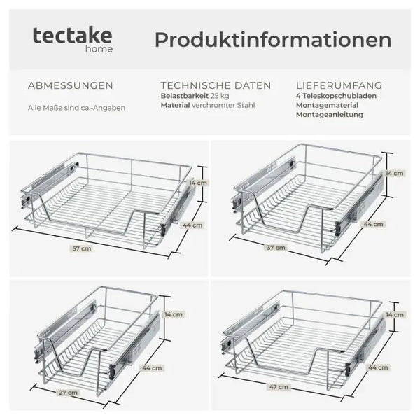 Teleskopschublade verchromt grau für 60 cm Schränke, 4er Set