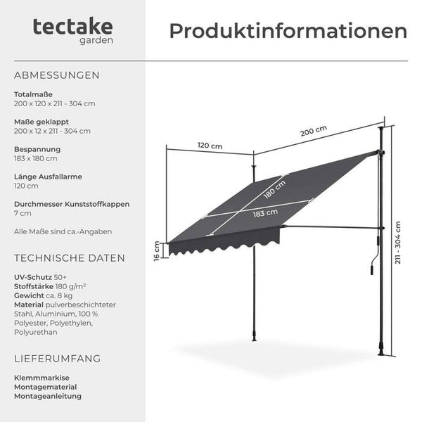 Klemmmarkise schwarz/grau 200 x 180 cm