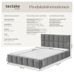 Bettset Polsterbett mit Matratze Samtoptik dunkelgrau 180 x 200 cm