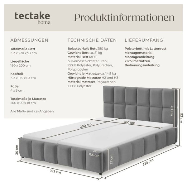 Bettset Polsterbett mit Matratze Samtoptik dunkelgrau 180 x 200 cm
