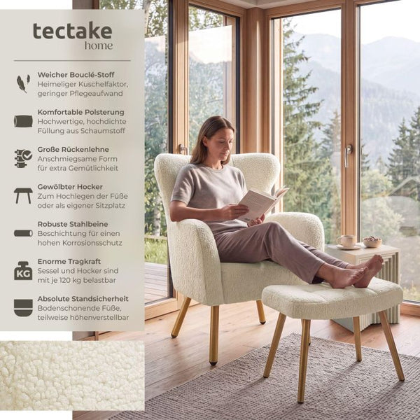 Sessel mit Hocker Vänersborg Bouclé creme/gold