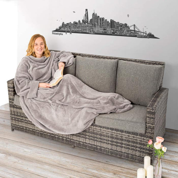 2 cuddly blankets with sleeves, grey, 200 x 170 cm