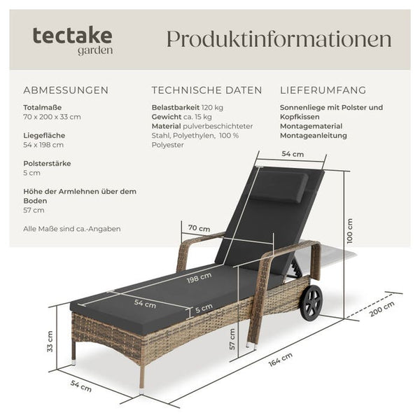 Sonnenliege Rattan mit Rollen natur/dunkelgrau
