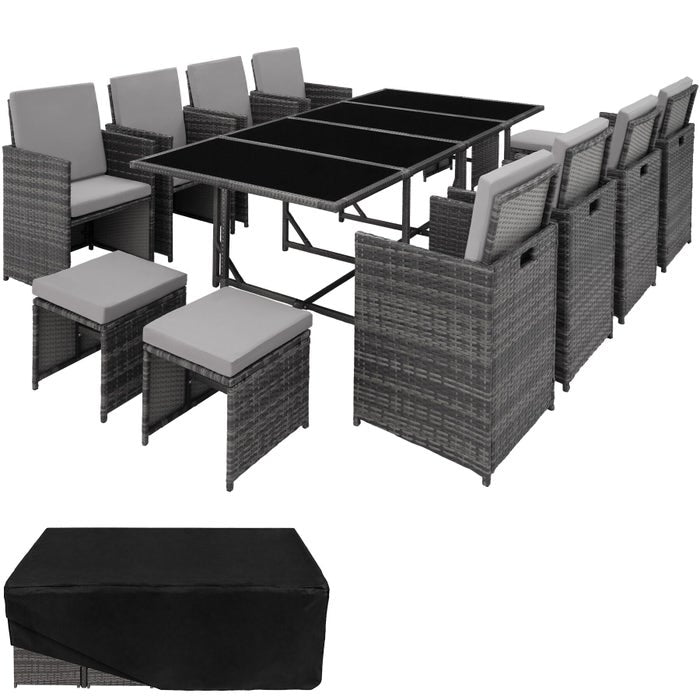 Ensemble de salon Palma 8+4+1 en rotin avec housse de protection, gris/gris clair