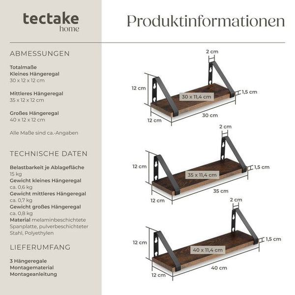 3 Hängeregale Cowell Industrial dunkelbraun