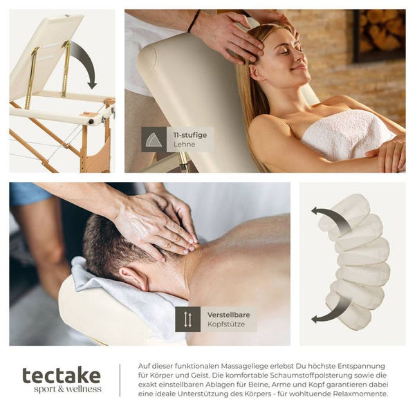 3 Zonen Massageliege mit Polsterung und Holzgestell beige