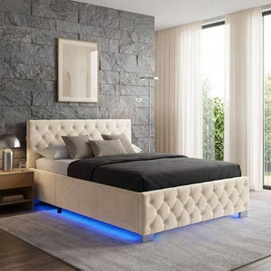 Polsterbett Sedona mit LED und Stauraum Samtoptik sand 120 x 200 cm