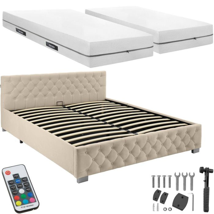 Bettset Polsterbett mit LED und Matratze Samtoptik sand 180 x 200 cm