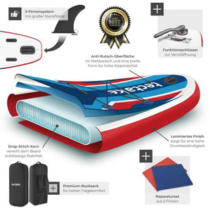 Stand-Up Paddle Board 2in1 Poseidon rot/blau 320 cm mit Kamerahalterung