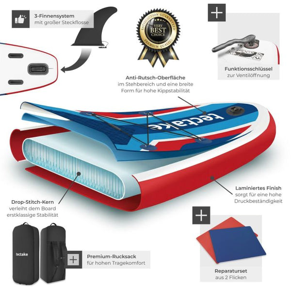 Stand-Up Paddle Board 2in1 Poseidon rot/blau 320 cm mit Kamerahalterung