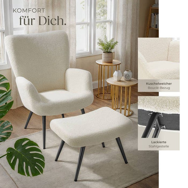 Sessel Hygge gepolstert, ergonomisch, Belastbarkeit 150 kg Bouclé creme/schwarz mit Hocker