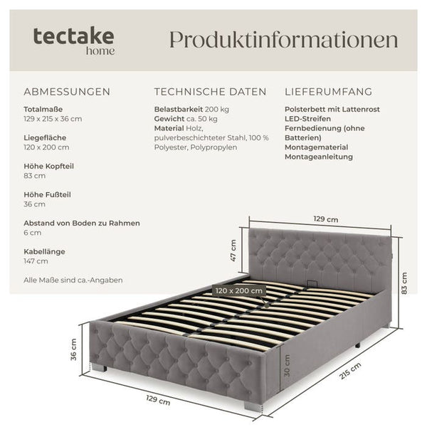 Polsterbett mit LED-Leisten & Stauraum dunkelgrau 120 x 200 cm