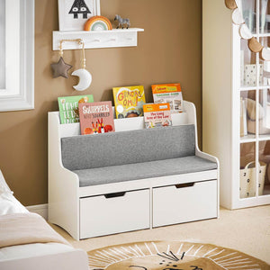 Sitzbank mit Bücherregal und Sitzkissen | Spielzeugtruhe | Aufbewahrungsbox mit Rollen | Weiss
