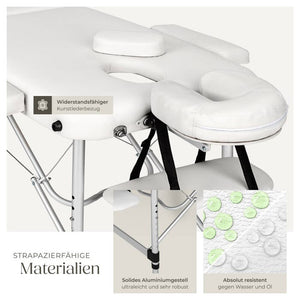 3 Zonen Massageliege mit 5cm Polsterung, Rollen und Aluminiumgestell weiss