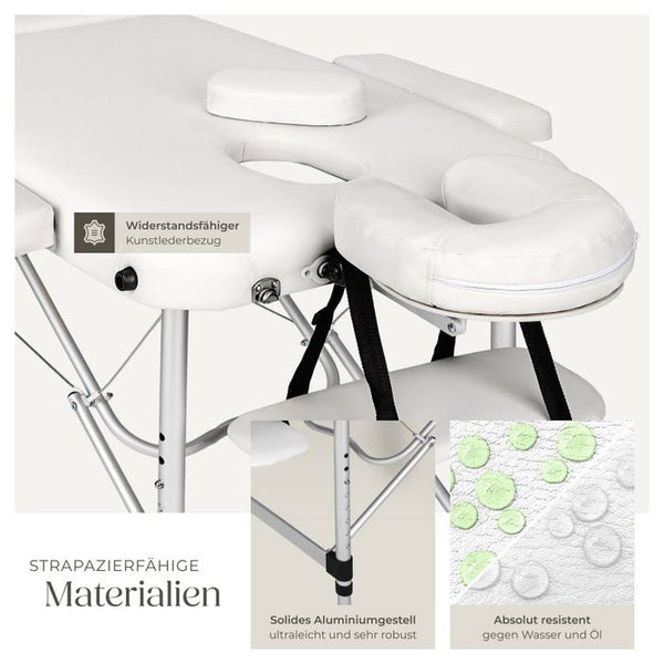 3 Zonen Massageliege mit 5cm Polsterung, Rollen und Aluminiumgestell weiss