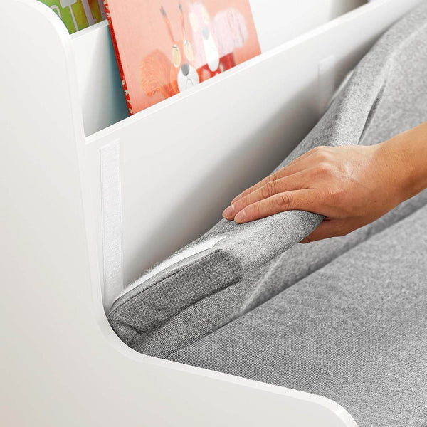 Sitzbank mit Bücherregal und Sitzkissen | Spielzeugtruhe | Aufbewahrungsbox mit Rollen | Weiss