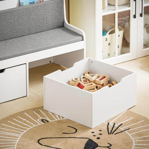 Sitzbank mit Bücherregal und Sitzkissen | Spielzeugtruhe | Aufbewahrungsbox mit Rollen | Weiss