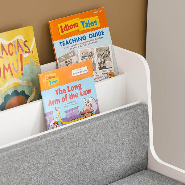 Sitzbank mit Bücherregal und Sitzkissen | Spielzeugtruhe | Aufbewahrungsbox mit Rollen | Weiss