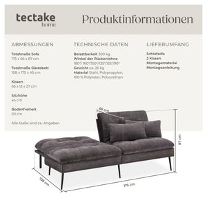 Schlafsofa Tokio 3in1 mit neigbarer Rückenlehne grau
