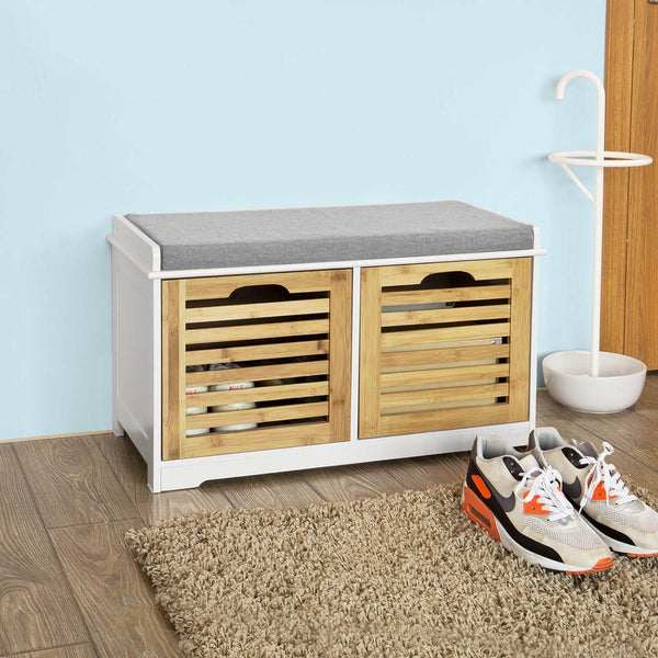 Sitzbank mit Sitzkissen | Schuhtruhe Bambus | Sitzkommode Weiss FSR23-K-WN