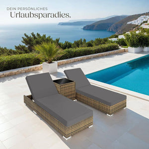 2 Polyrattan Sonnenliegen mit Tisch, natur