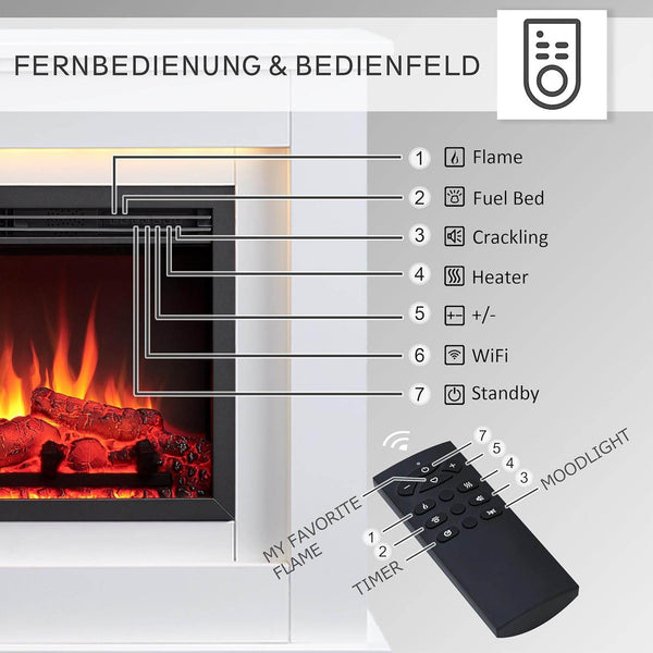 BALDERIA Baldur Elektrokamin mit Heizung bis 2000W, 3D-Flammeneffekt Weiss