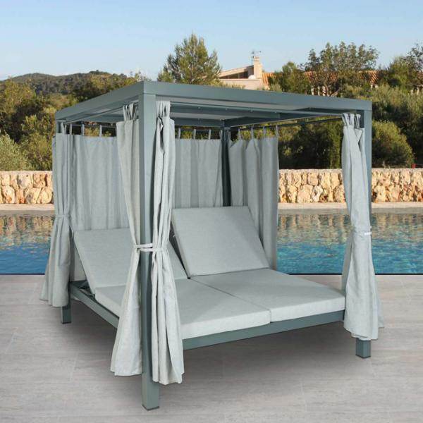 Lounge-Gartenliege XL Sonnenliege Bali-Liege Doppelliege Outdoor-Bett, 10cm-Polster aus Olefin Alu ~ grau