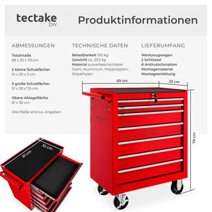 Werkzeugwagen mit 7 Schubladen, rot