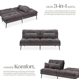 Schlafsofa Tokio 3in1 mit neigbarer Rückenlehne grau