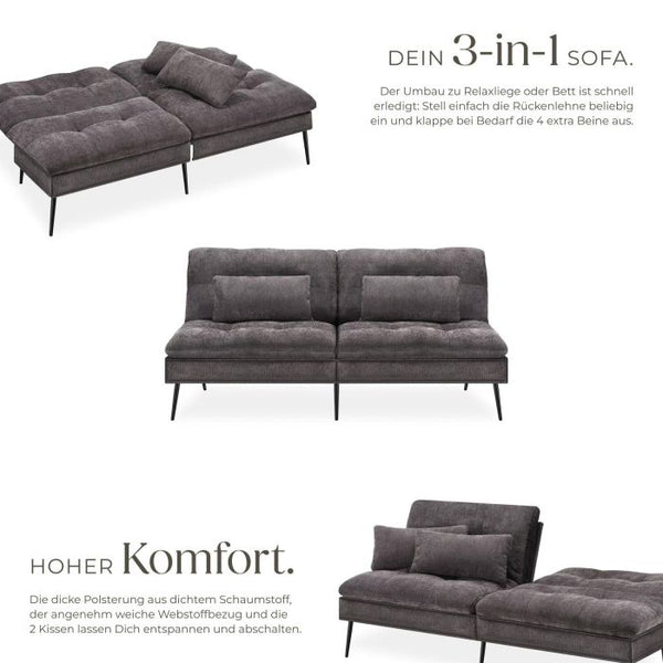 Schlafsofa Tokio 3in1 mit neigbarer Rückenlehne grau