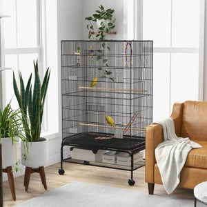 Vogelkäfig inklusive Sitzstangen, Vogelspielzeug, herausnehmbare Bodenwanne, Schwarz