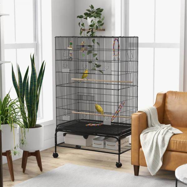 Vogelkäfig inklusive Sitzstangen, Vogelspielzeug, herausnehmbare Bodenwanne, Schwarz